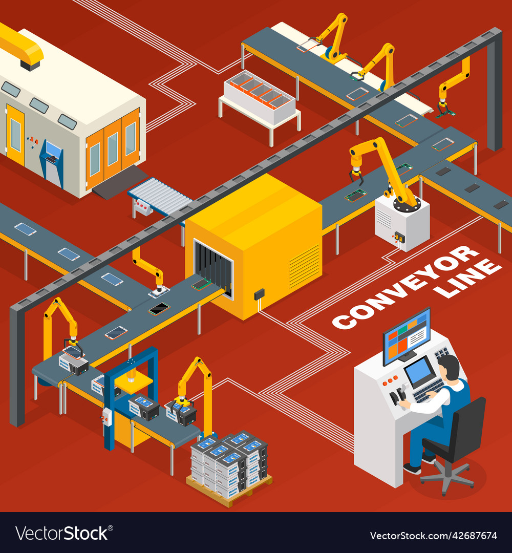 Conveyor line and operator concept Royalty Free Vector Image