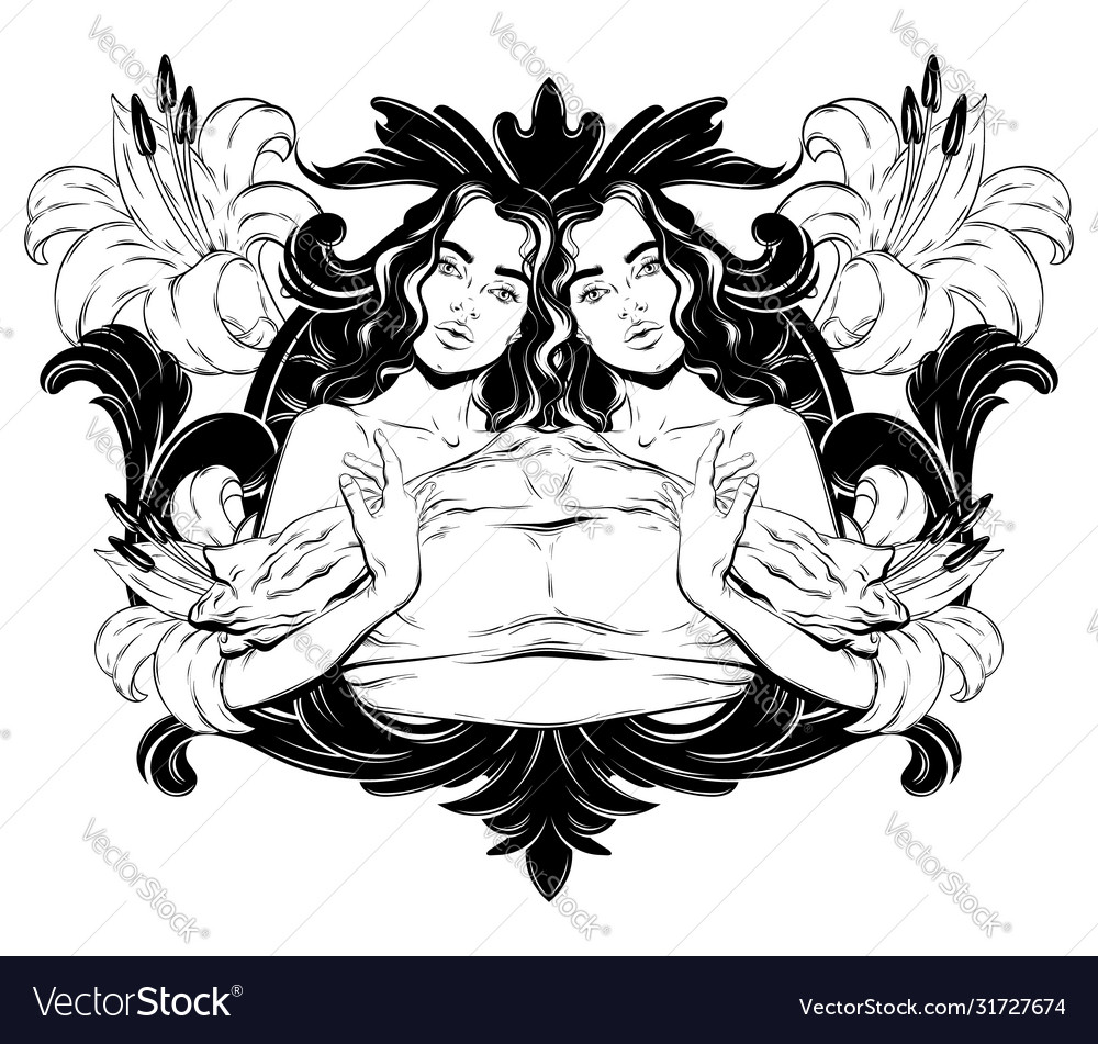 Hand drawn twins with baroque Royalty Free Vector Image