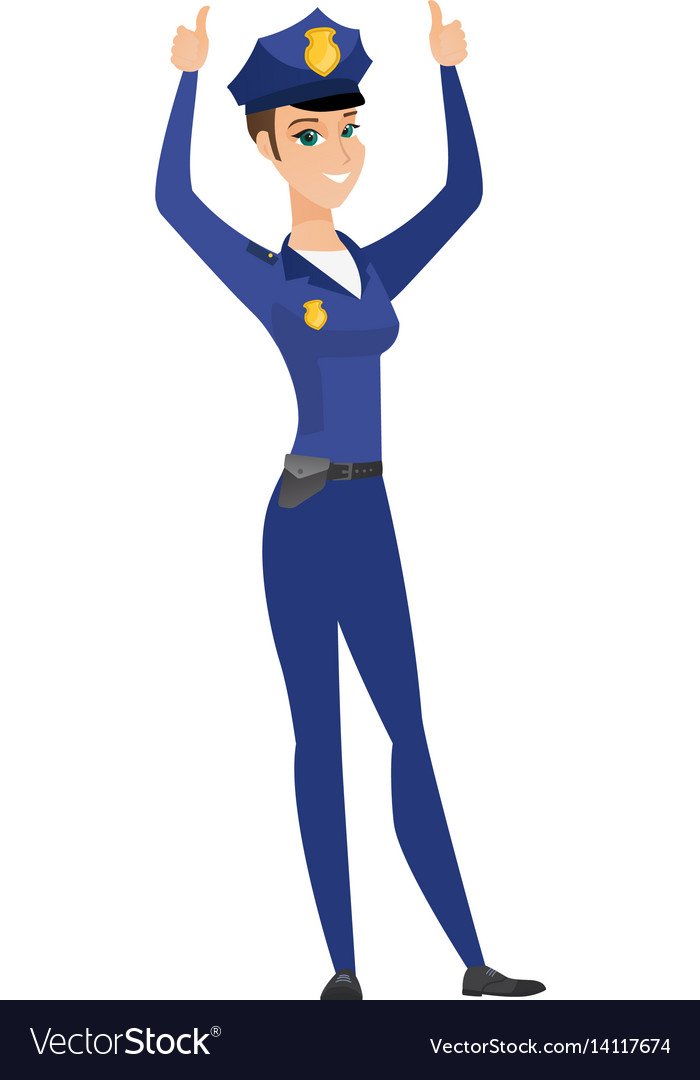 Policewoman standing with raised arms up Vector Image