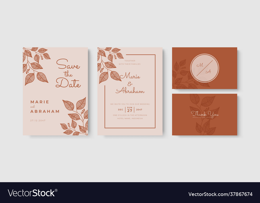 Wedding invitation template set with foliage line