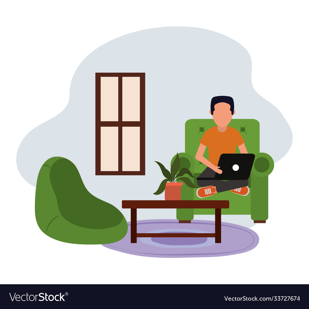 Working at home guy using laptop computer Vector Image Working at home guy using laptop computer
