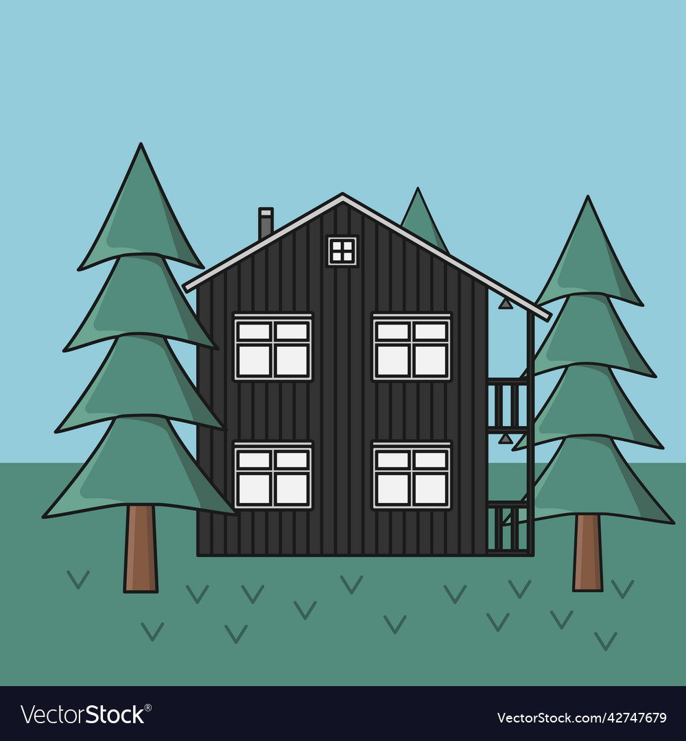 Classic nordic wooden house among pine trees