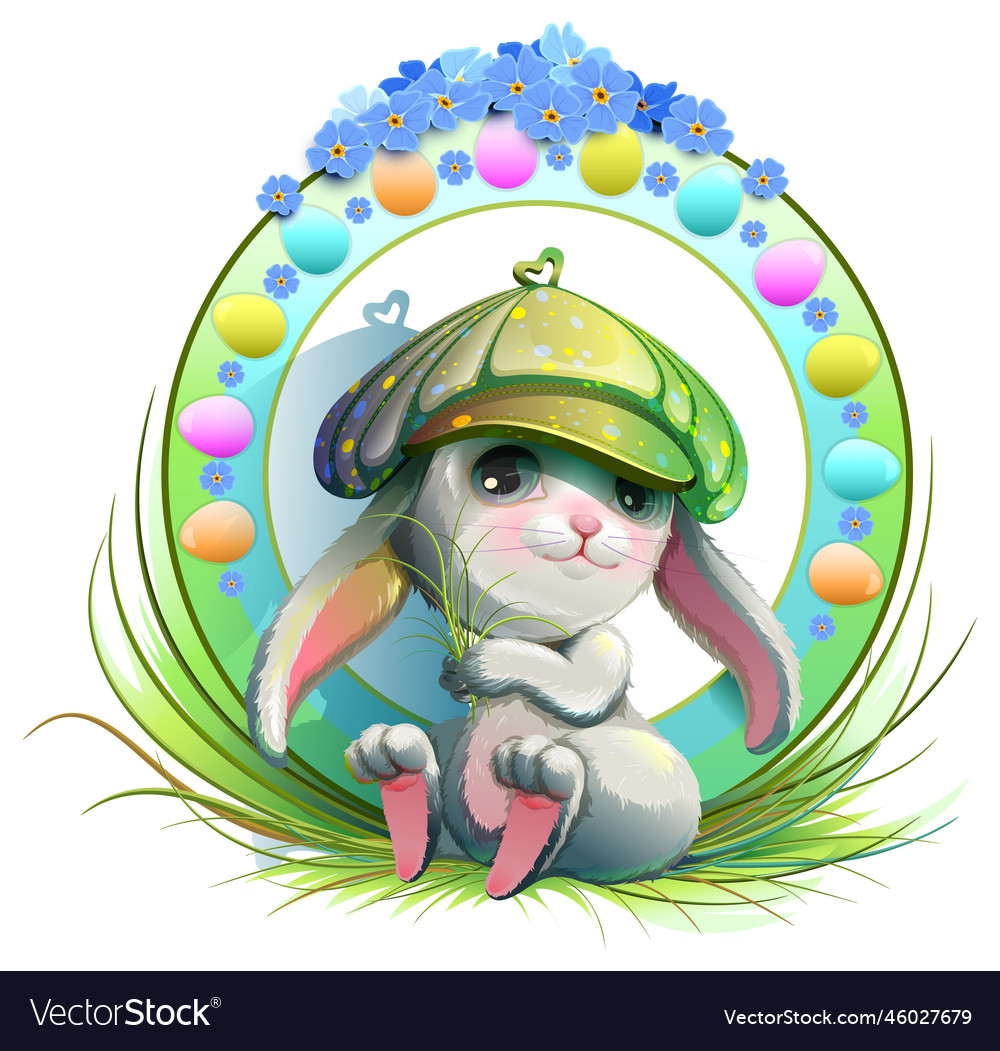 Cute easter bunny sit and hold green grass