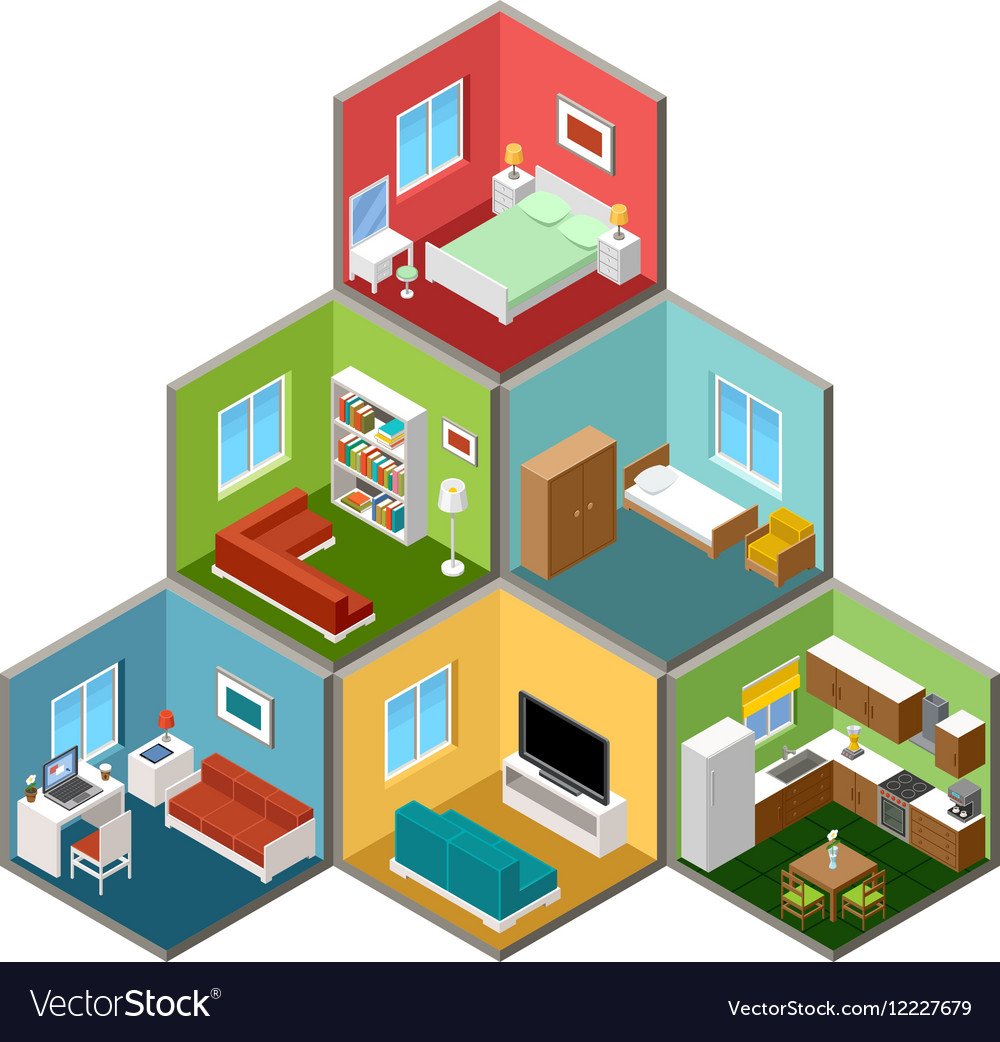 Flat 3d isometric house interior Royalty Free Vector Image