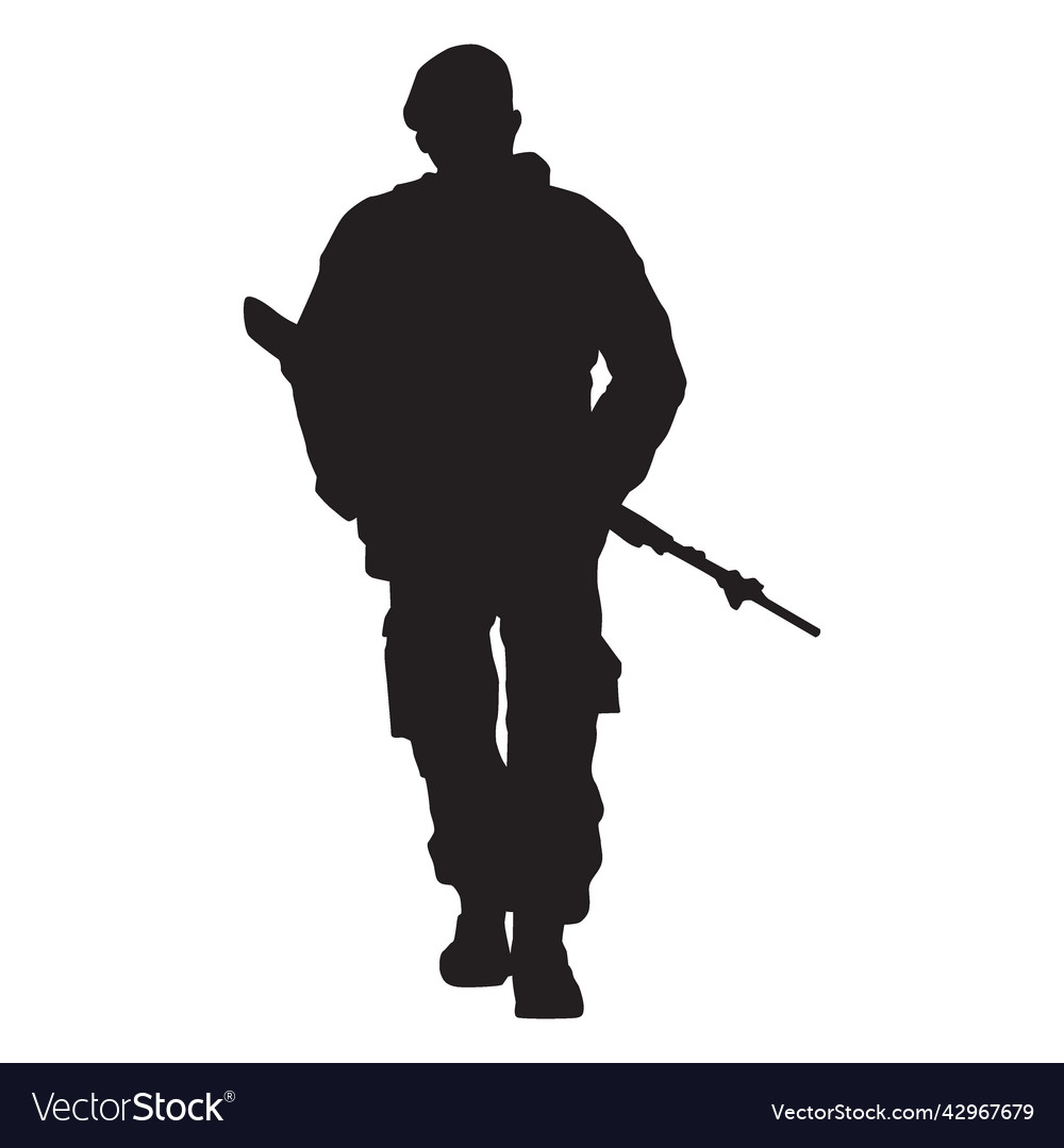 Frontal walking soldier with weapon silhouette Vector Image