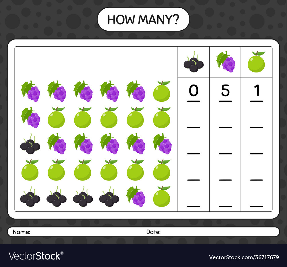 How many counting game with fruit worksheet vector image How many counting game with fruit worksheet