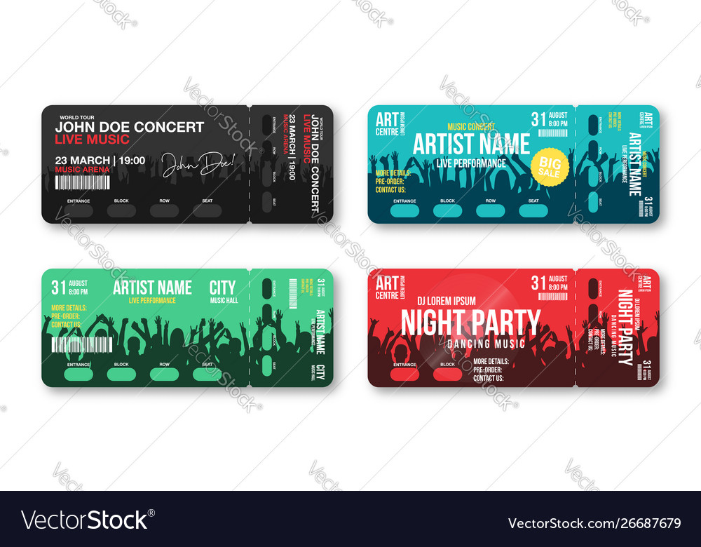 Set concert tickets template concert party Vector Image