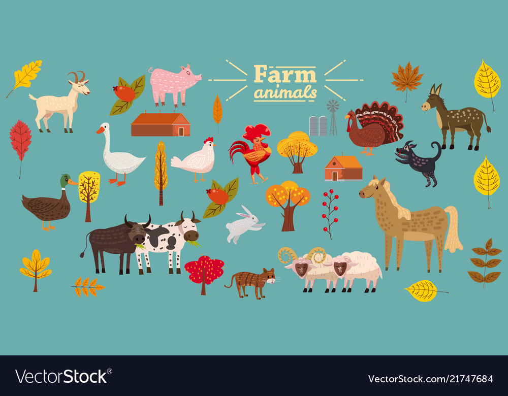 Big set of farm animals pig rabbit cow bull