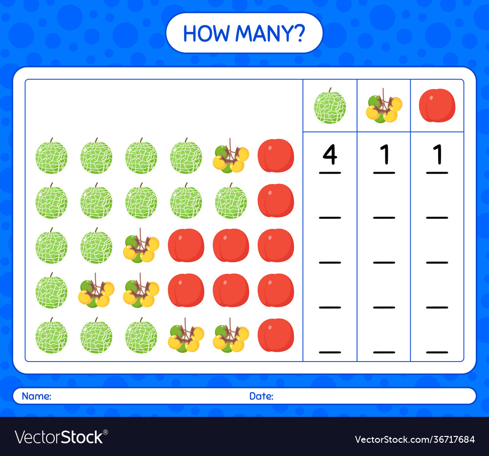 How many counting game with fruit worksheet Vector Image How many counting game with fruit worksheet