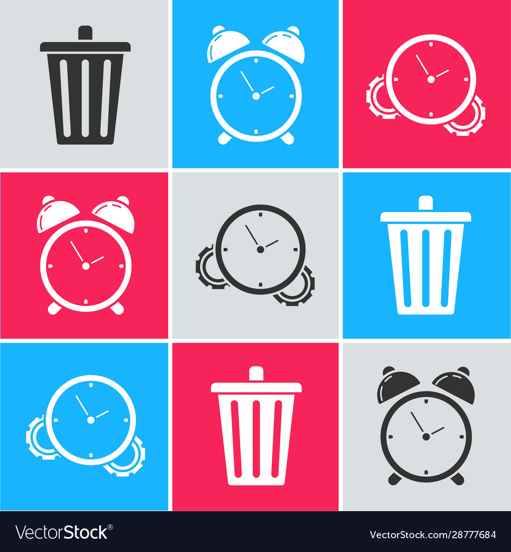 Set trash can alarm clock and time management vector image Set trash can alarm clock and time management