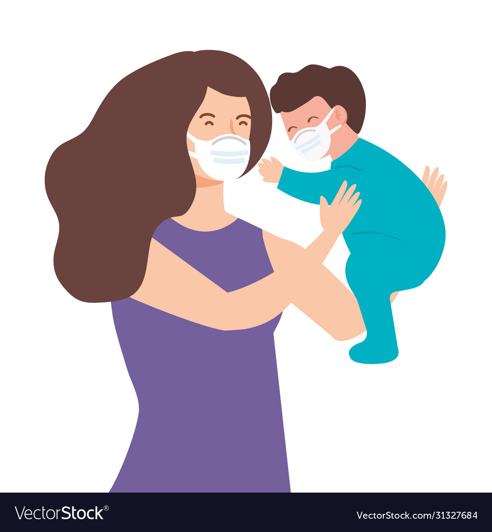 Woman with baby boy using face mask Royalty Free Vector