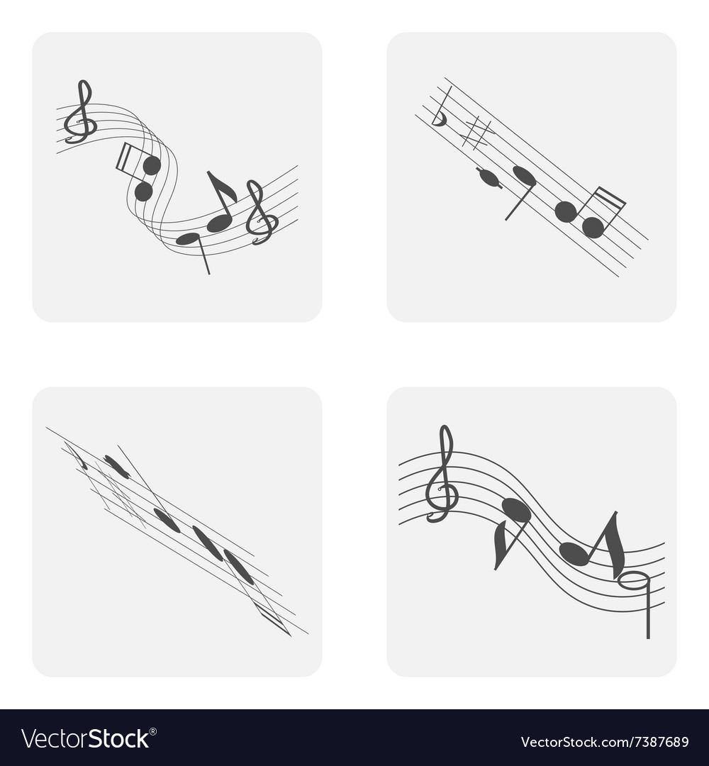 Monochrome icon set with treble clef and notes