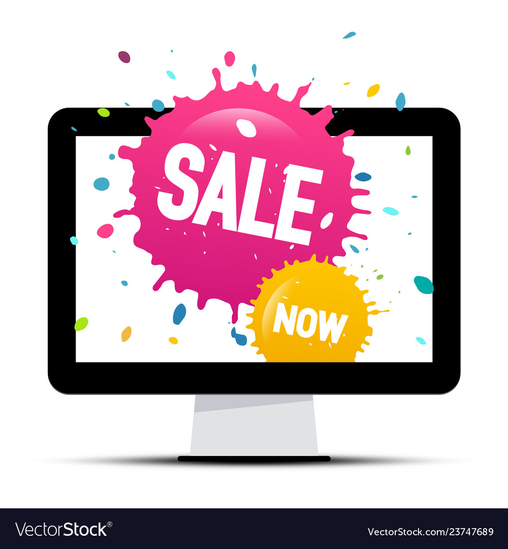 Sale labels with colorful splashes on computer