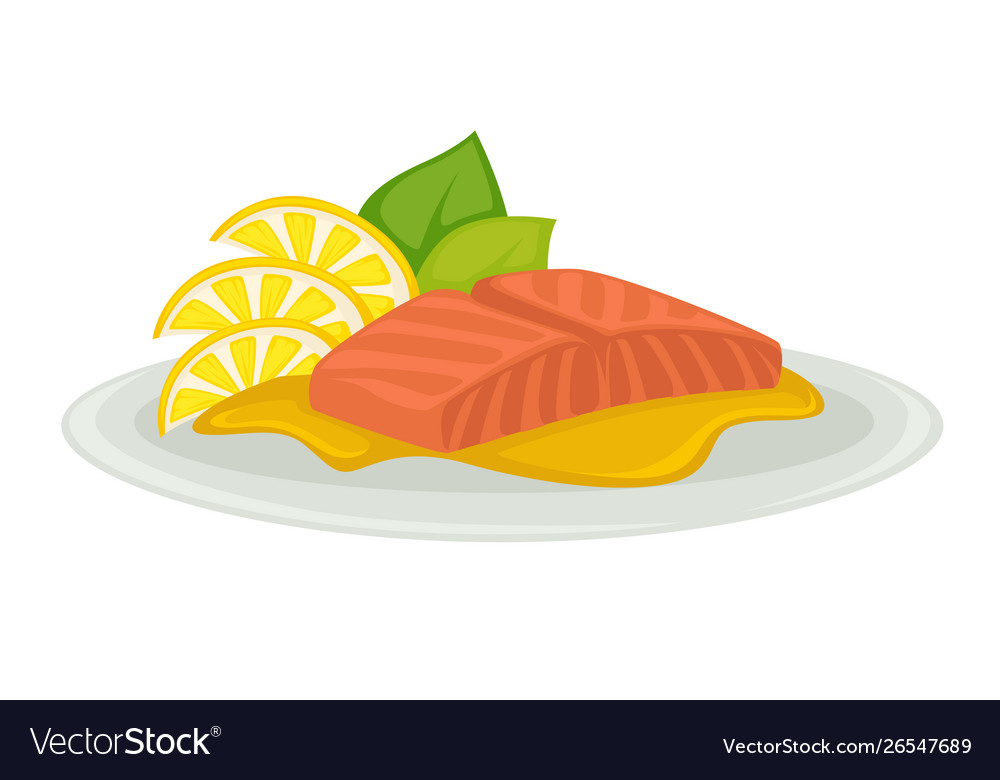 Tuna slice seafood served on plate with leaf and Vector Image