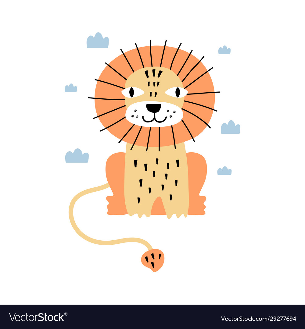 Cute cartoon lion with small clouds print