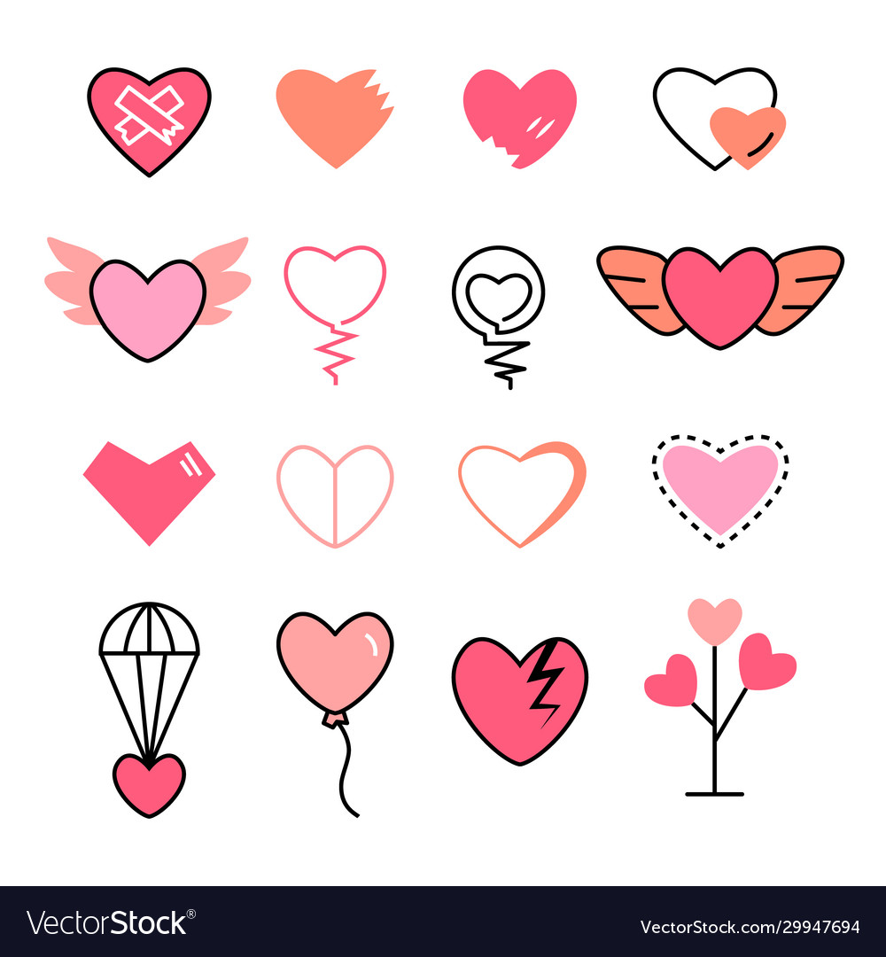 Hearts flat and line icon pink color set