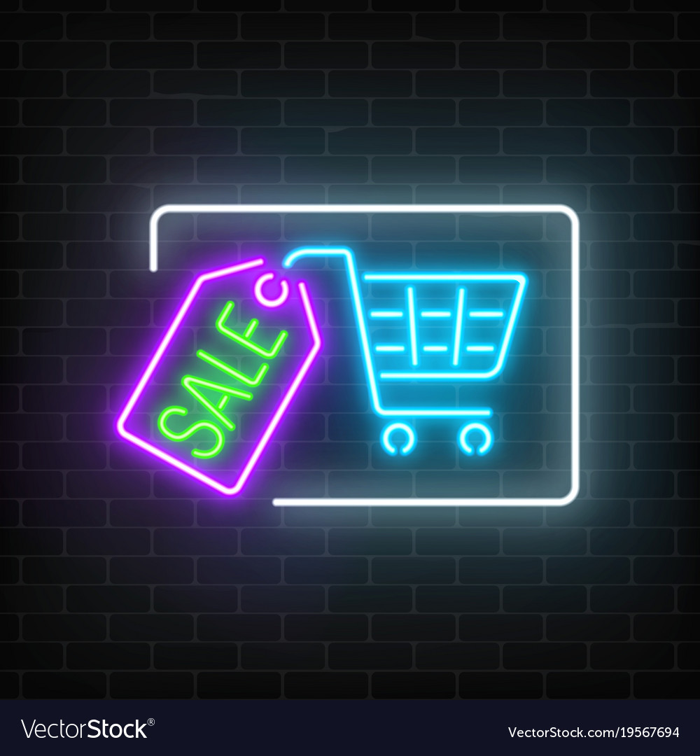 Neon glowing sale sign with shopping cart and tag