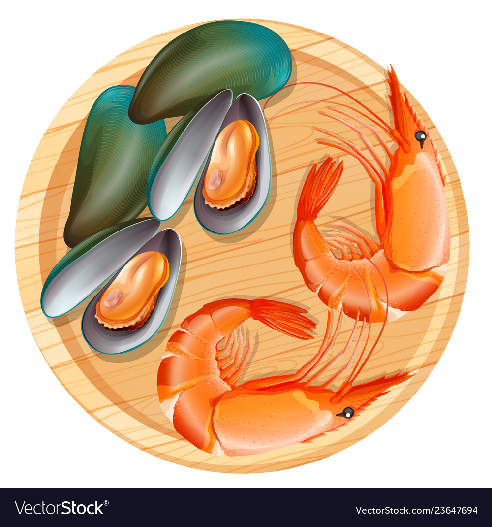 Seafood on wooden plate