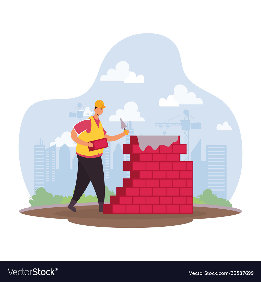 Constructor worker with bricks wall character
