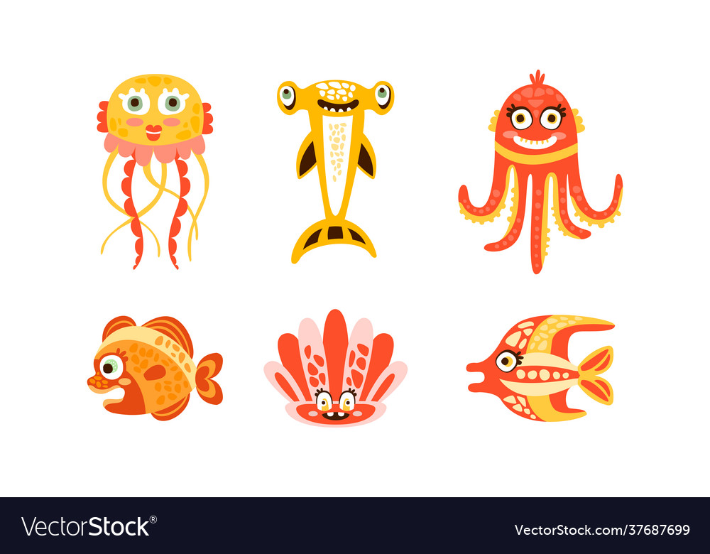 Cute marine animal and comic underwater creatures