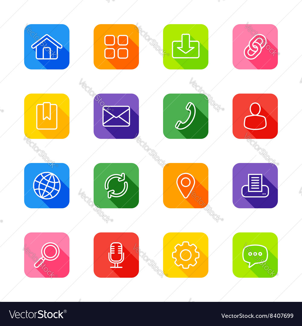 Line web icon set on colorful rounded rectangle