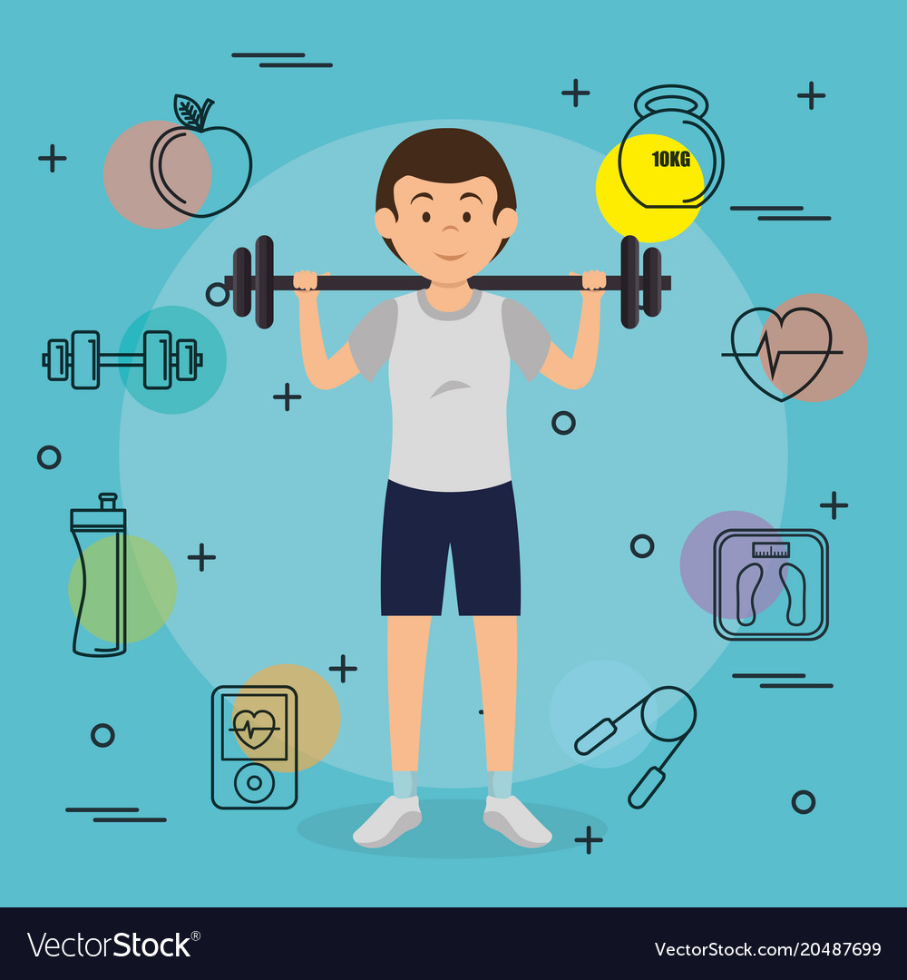 Man weight lifting with sports icons Royalty Free Vector