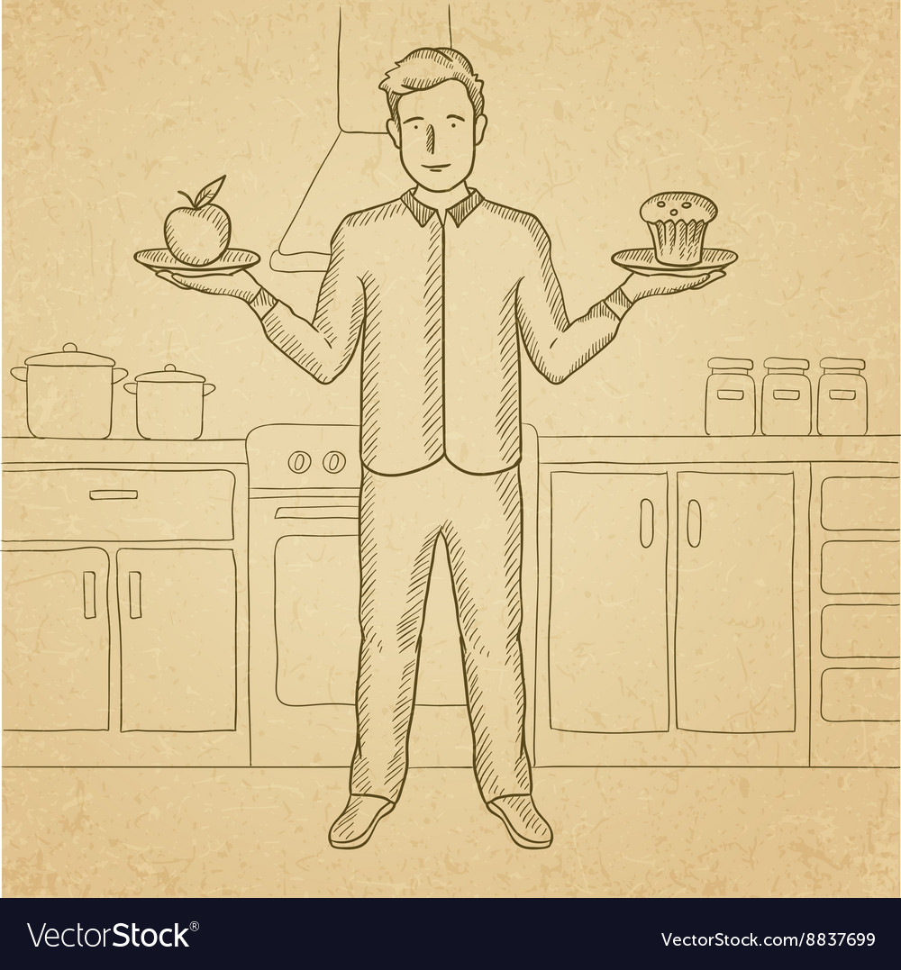 Man with apple and cake