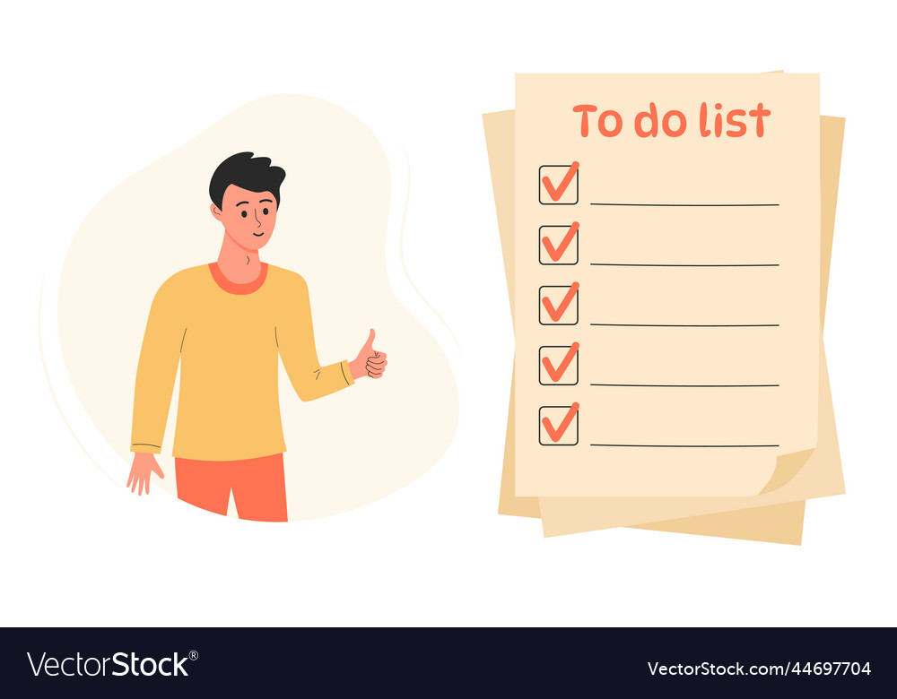 Man showing thumb up and looking at to do list
