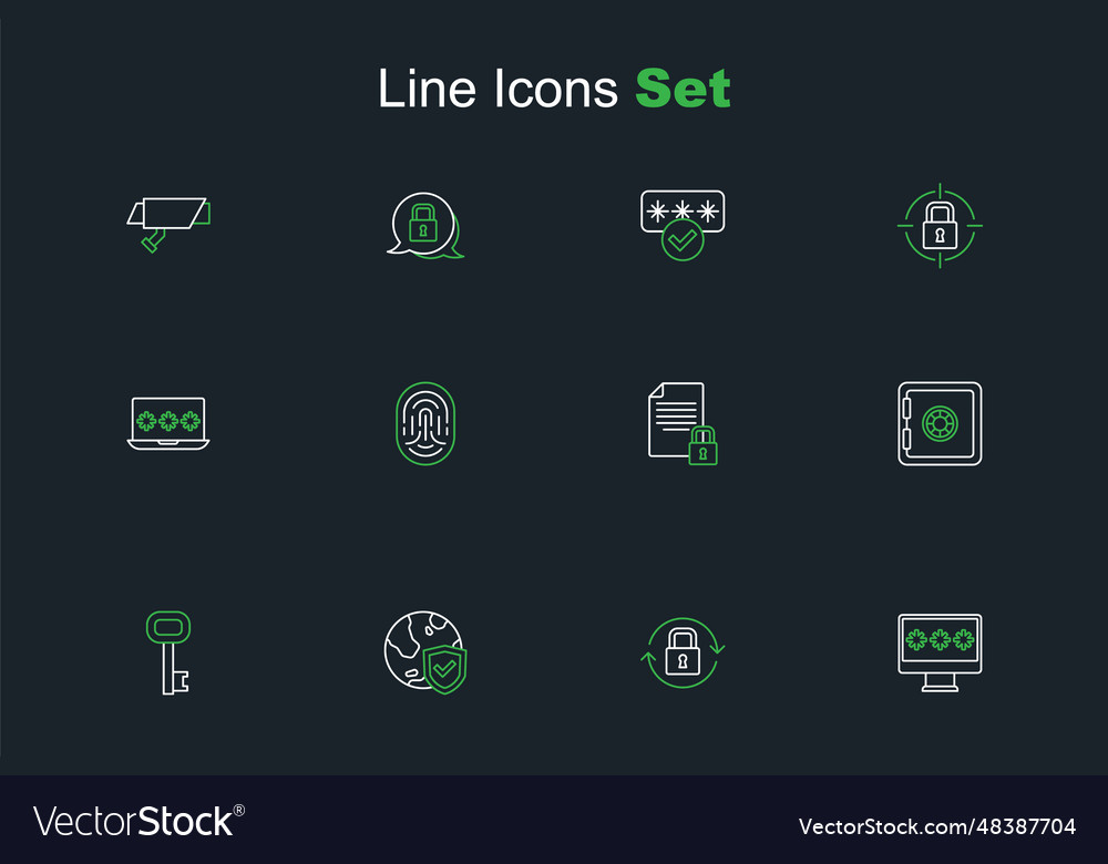 Set line monitor with password lock shield world vector image Set line monitor with password lock shield world