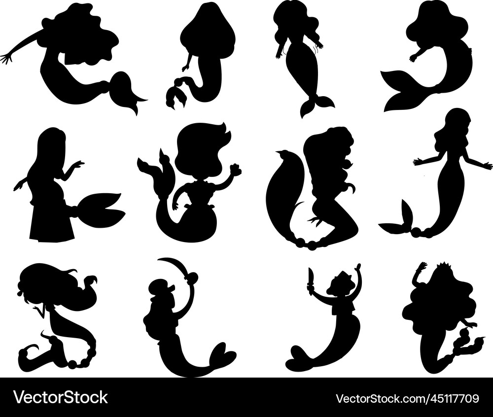 Collection mermaids isolated silhouettes Vector Image