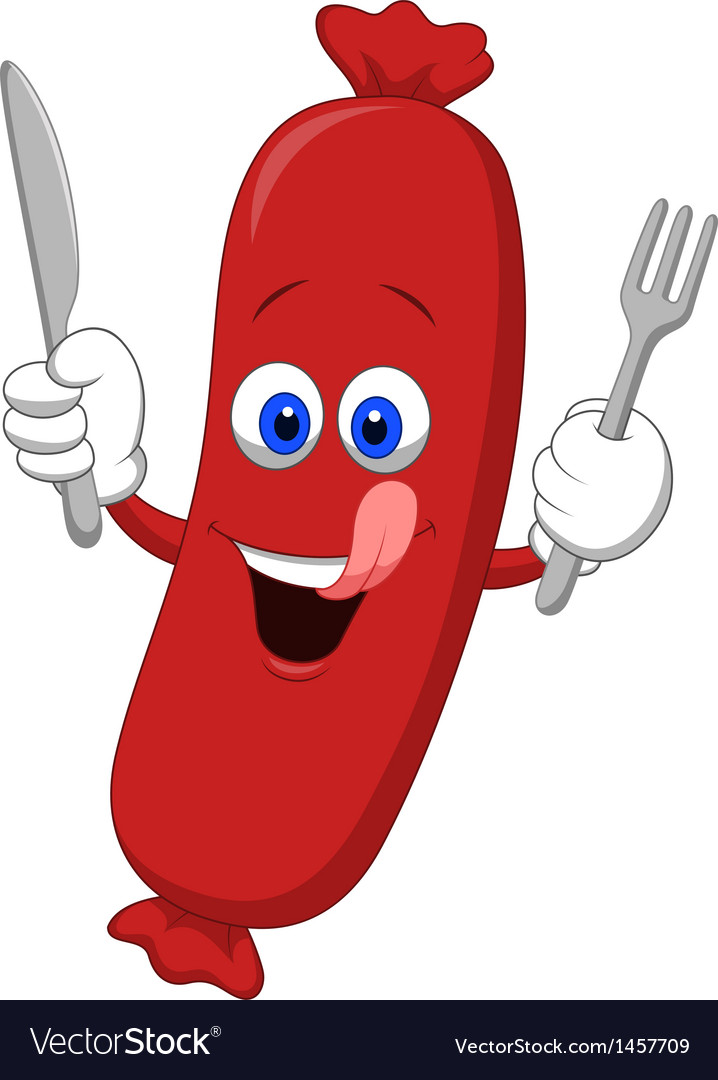 Happy sausage cartoon mascot character with fork