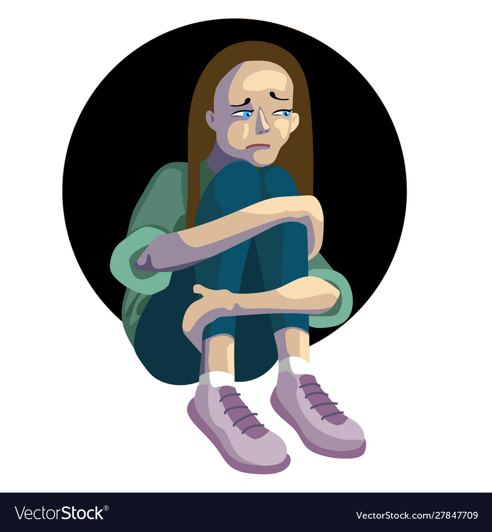 Sad girl with long hair sits and embraces Vector Image