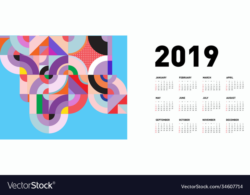 2019 calendar design template with colorful