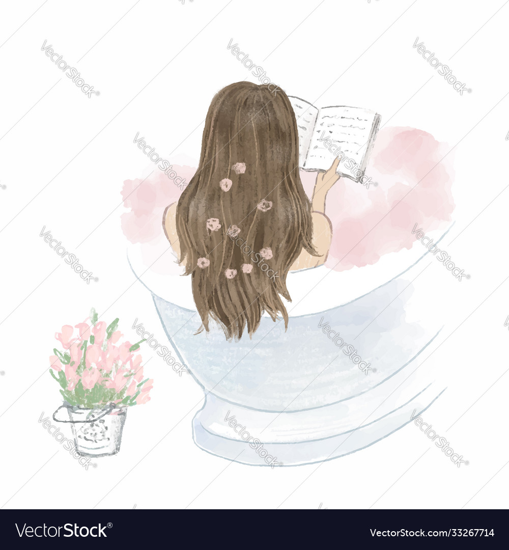 Beautiful girl taking a bath and reading a book Vector Image
