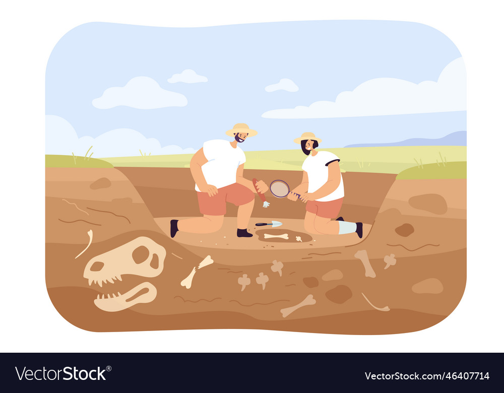 Cartoon archaeologists discovering dinosaur Vector Image