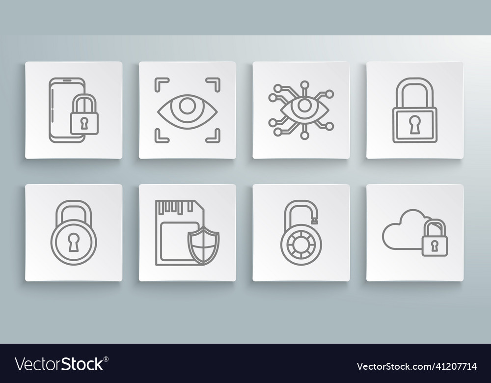Set line lock eye scan sd card and shield safe vector image Set line lock eye scan sd card and shield safe