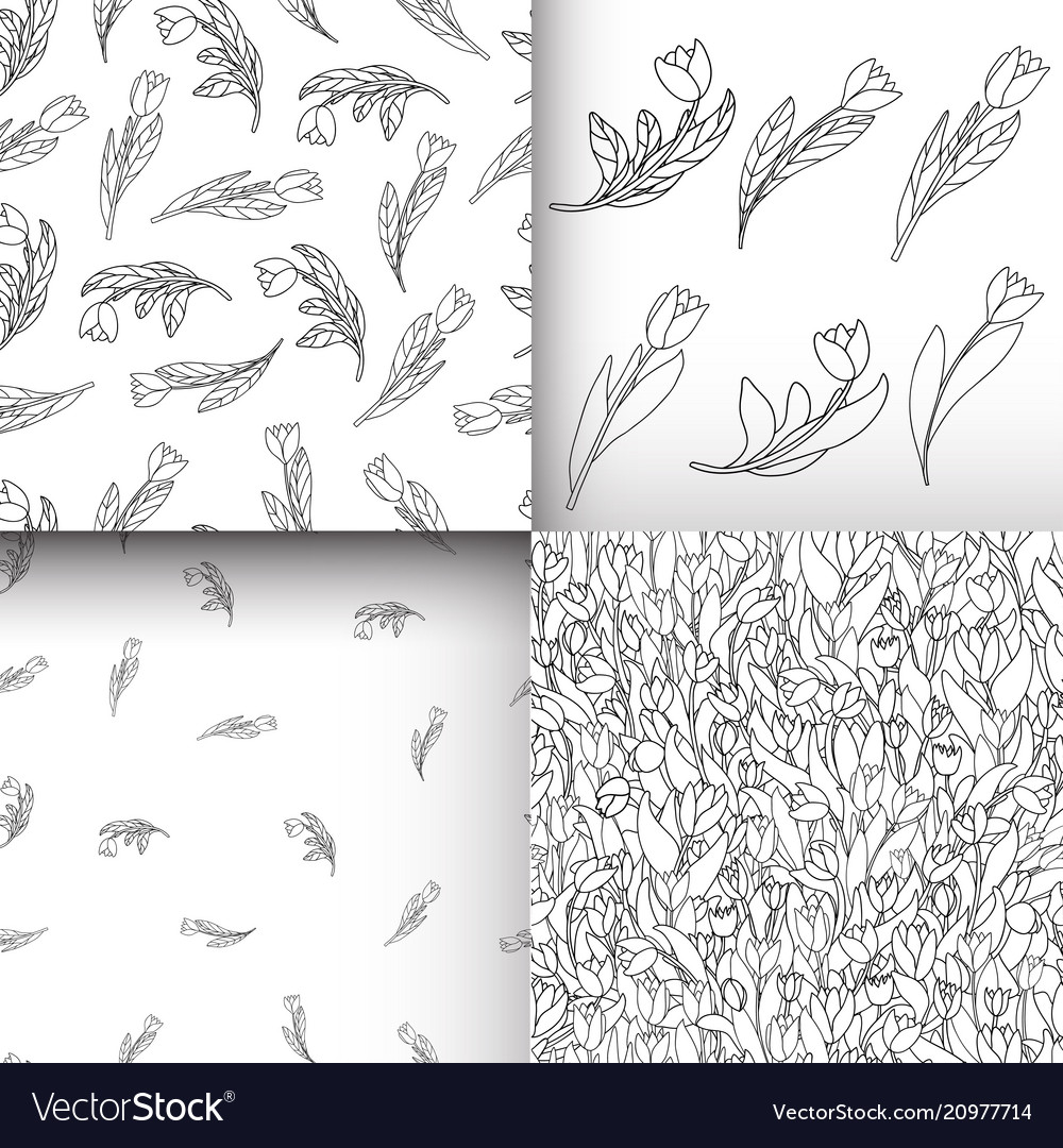 Set of seamless pattern with cute cartoon flowers