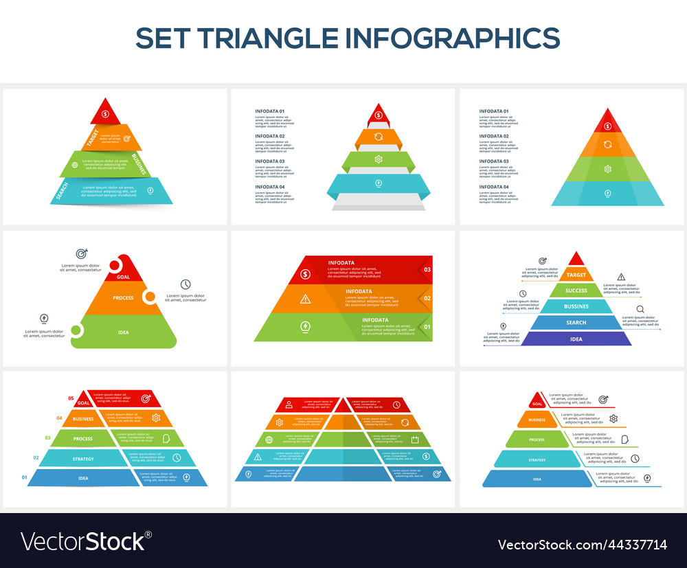 Set triangle with 3 5 10 elements infographic Vector Image Set triangle with 3 5 10 elements infographic
