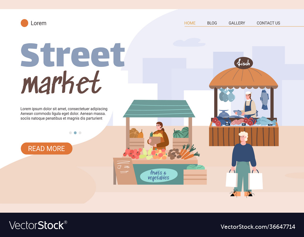 Website page for local farm street market cartoon