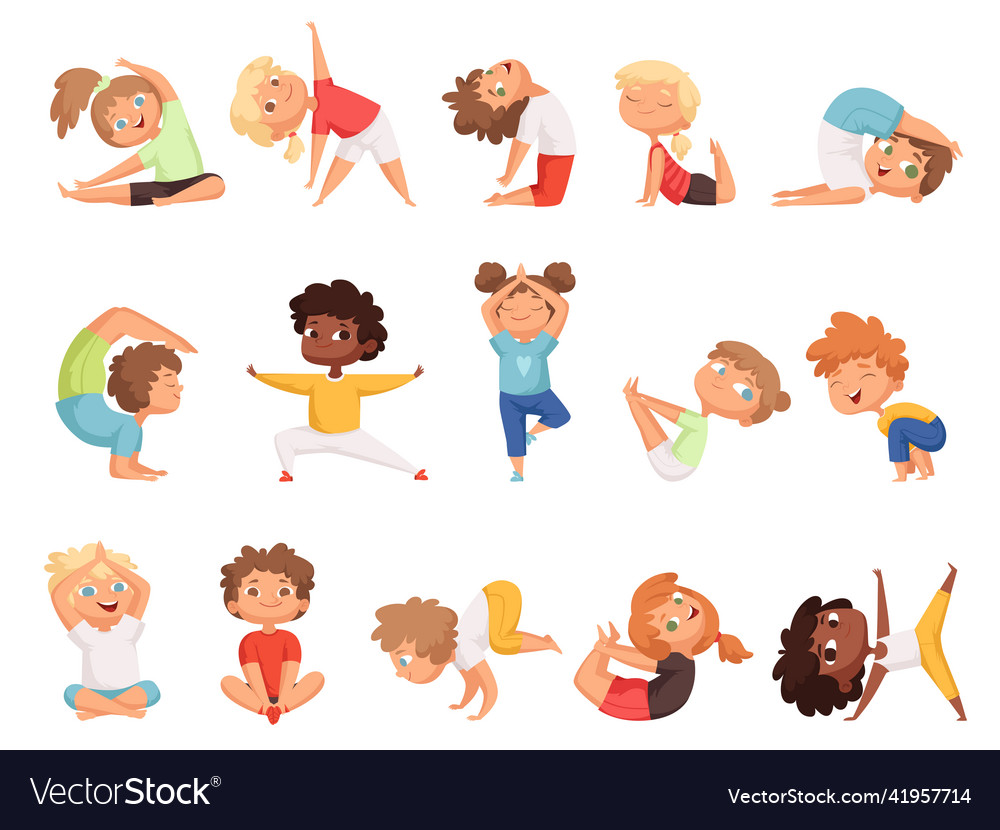 Yoga kids children making exercises in different Vector Image