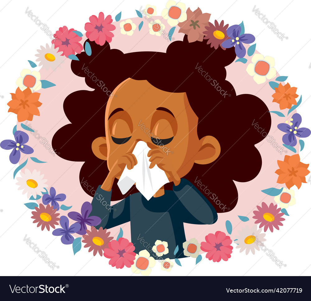 Allergic little girl sneezing surrounded by Vector Image