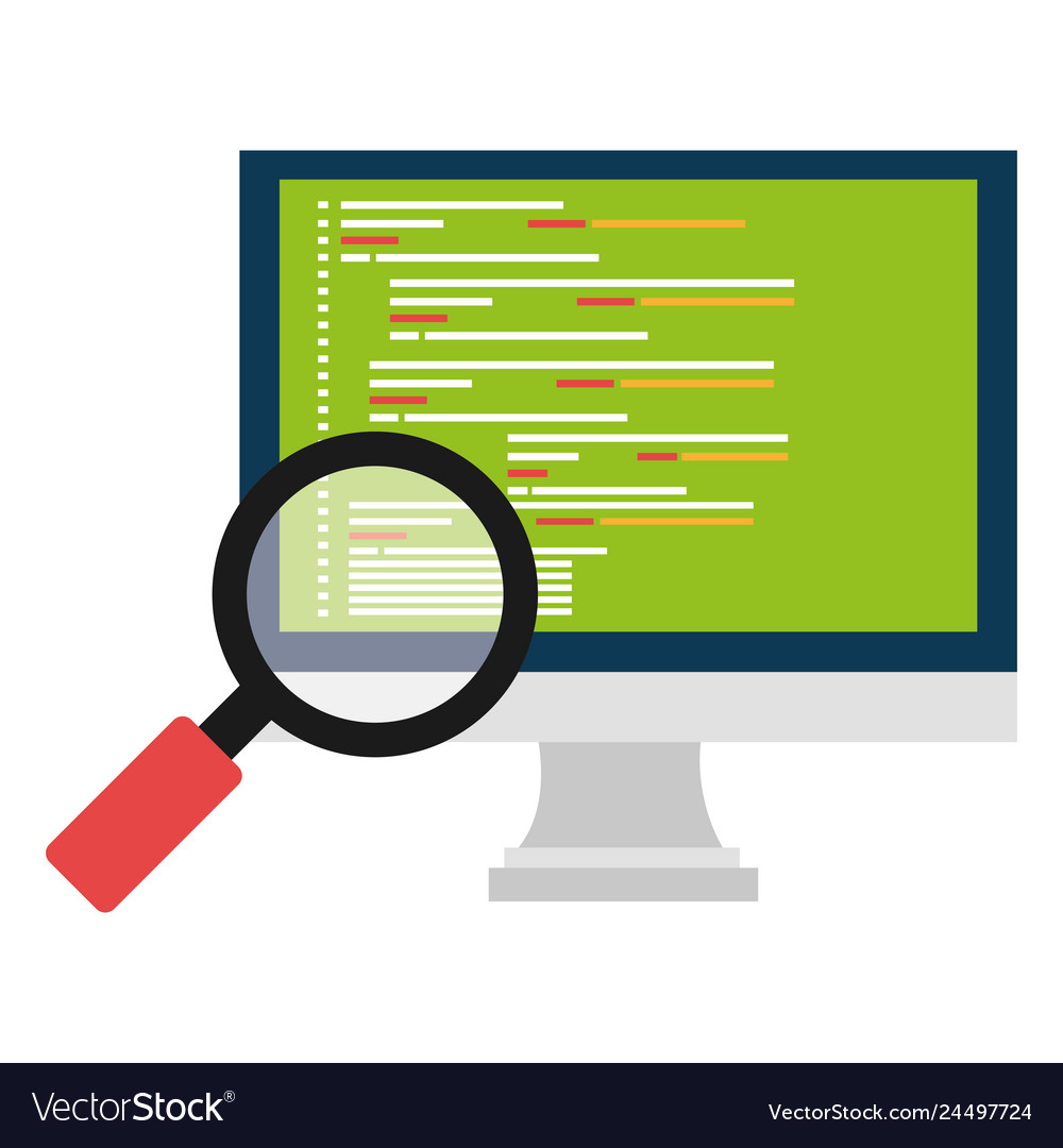 Computer display with magnifying glass vector image Computer display with magnifying glass