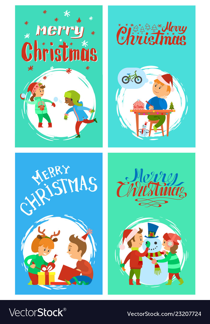 Merry christmas holidays children having fun cards