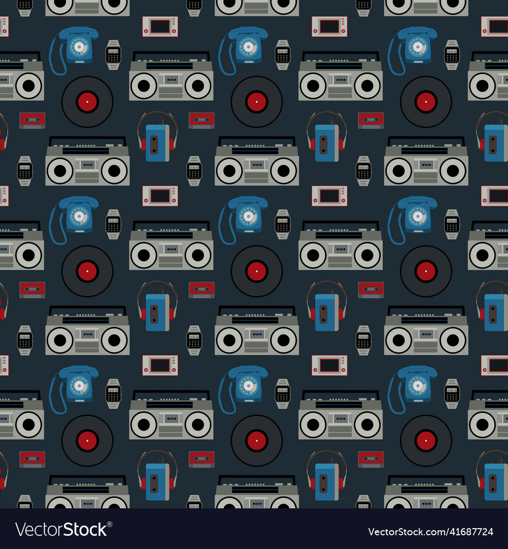 Seamless pattern retro objects from the eighties