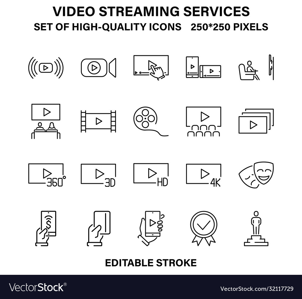 A set simple linear icons for streaming video vector image A set simple linear icons for streaming video