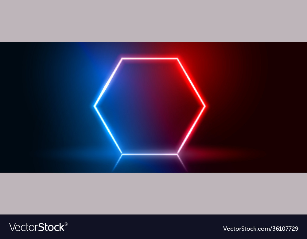 Hexagonal neon frame in blue and red color