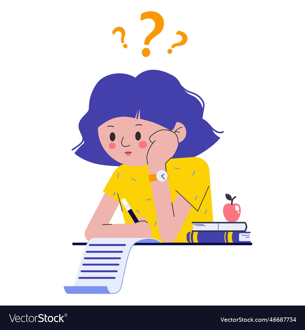 Girl on school exam kid study and think about Vector Image