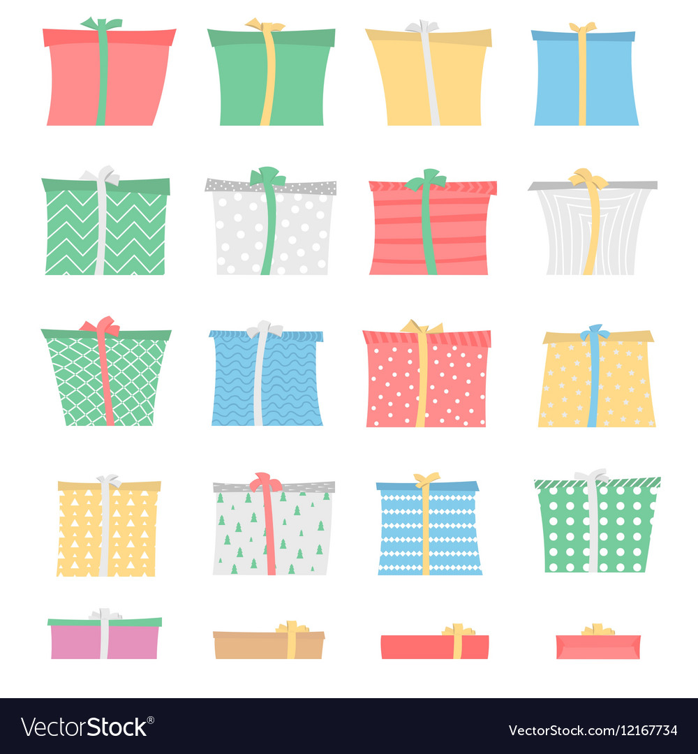 Set of gift boxes in different colors and patterns