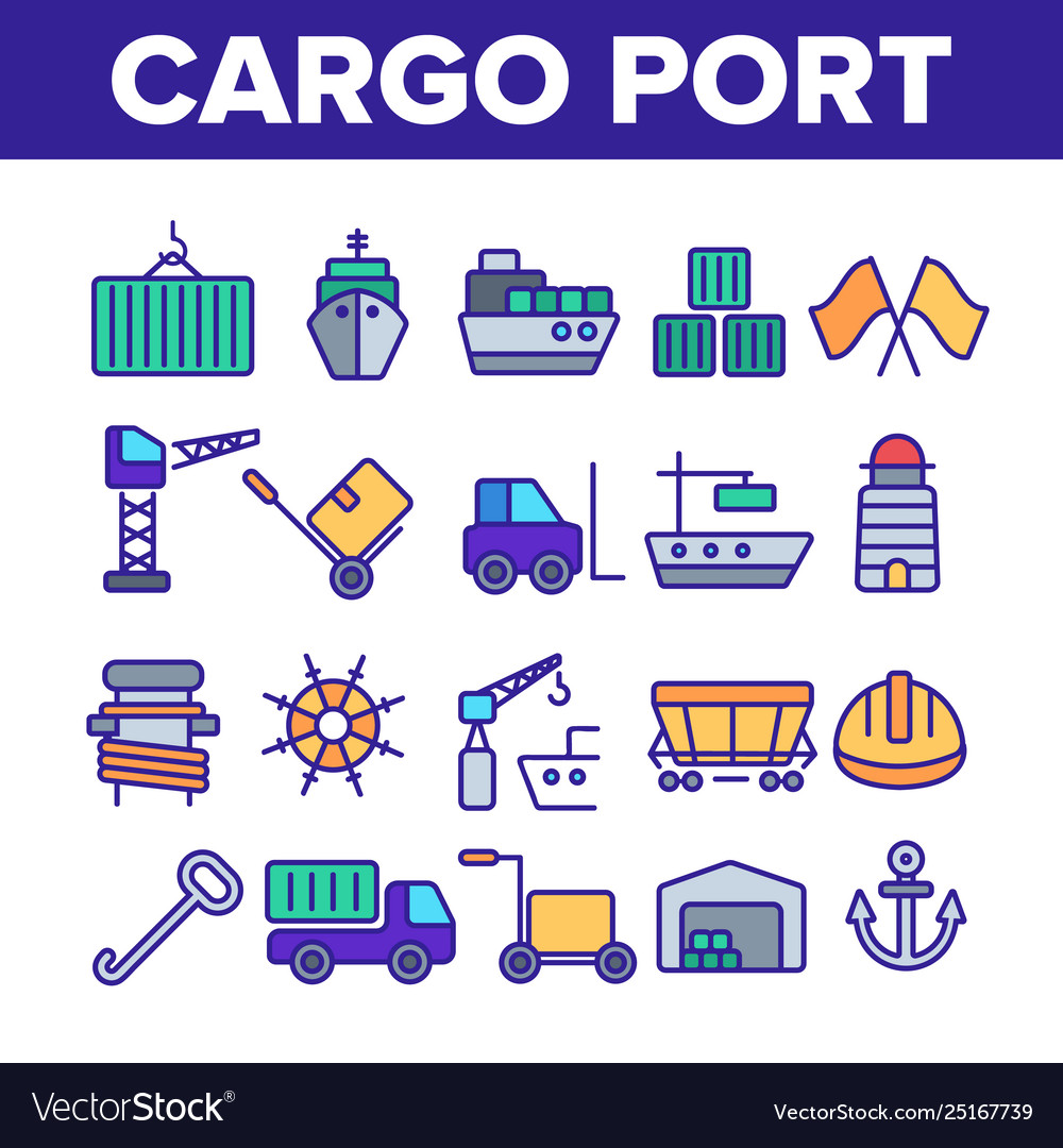 Cargo port thin line icons collection