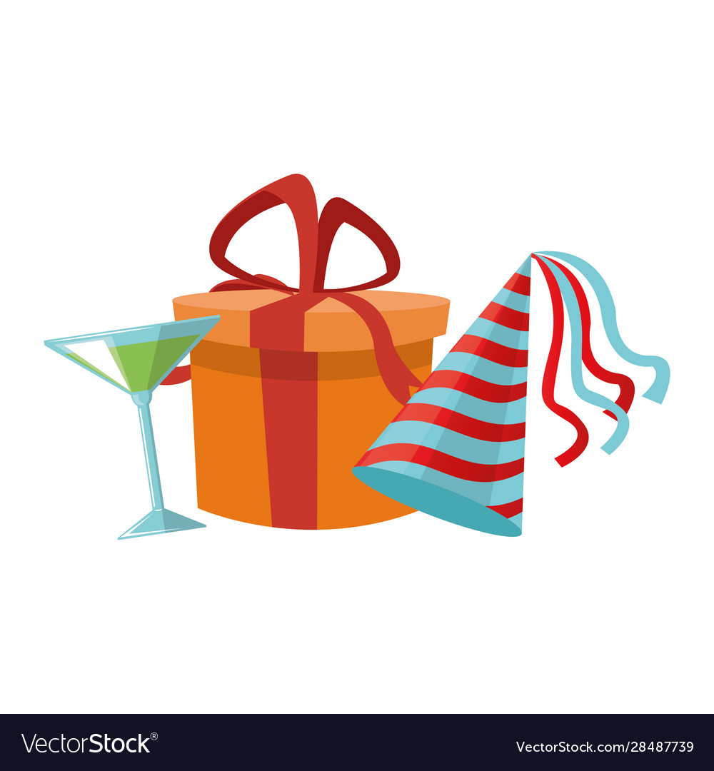 Cocktail with gift box and party hat icon